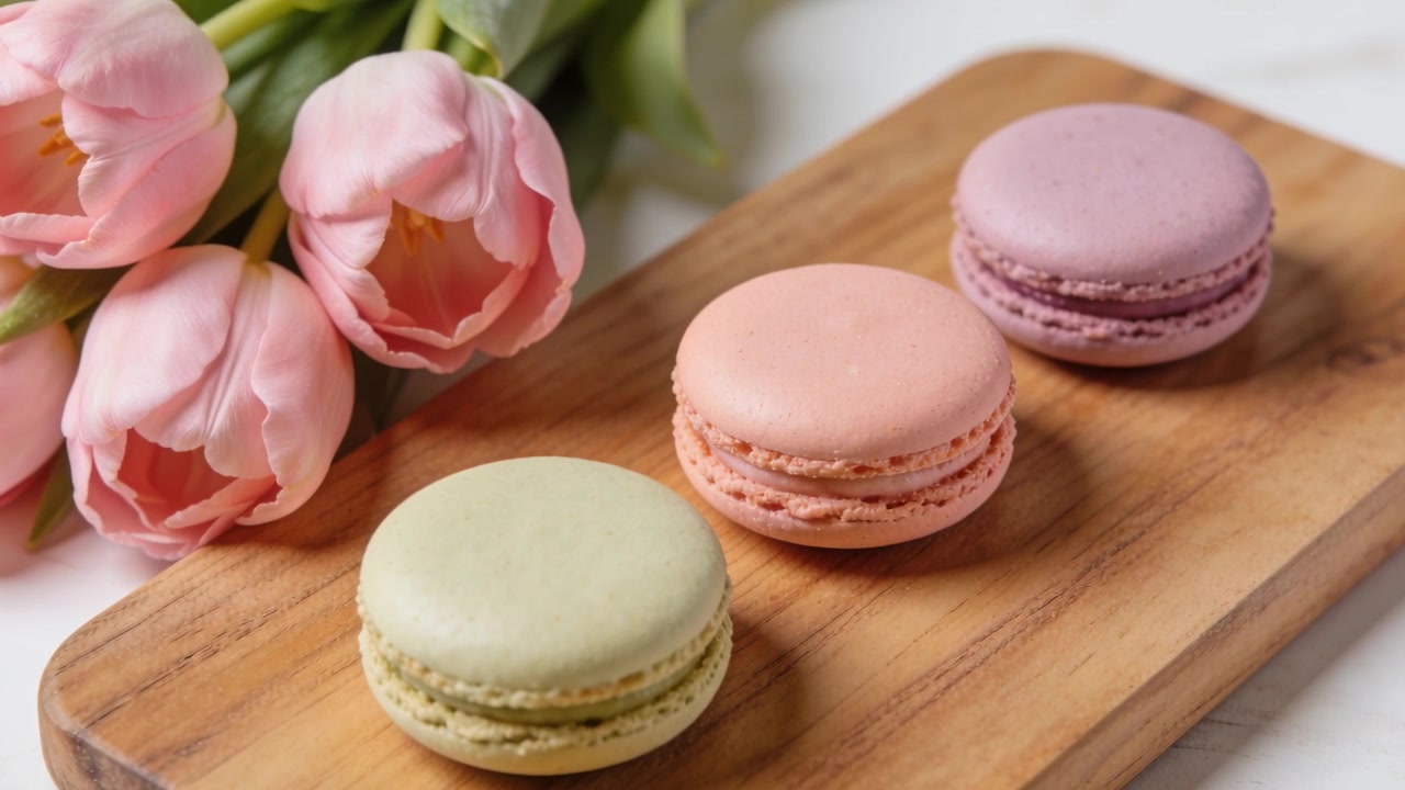 Tightening camera framing three pastel macarons on board at stone top for close view with tulips