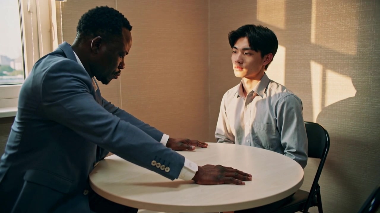 Leaning left blue-suit man placing hands on round table at office talking to right light-shirt man