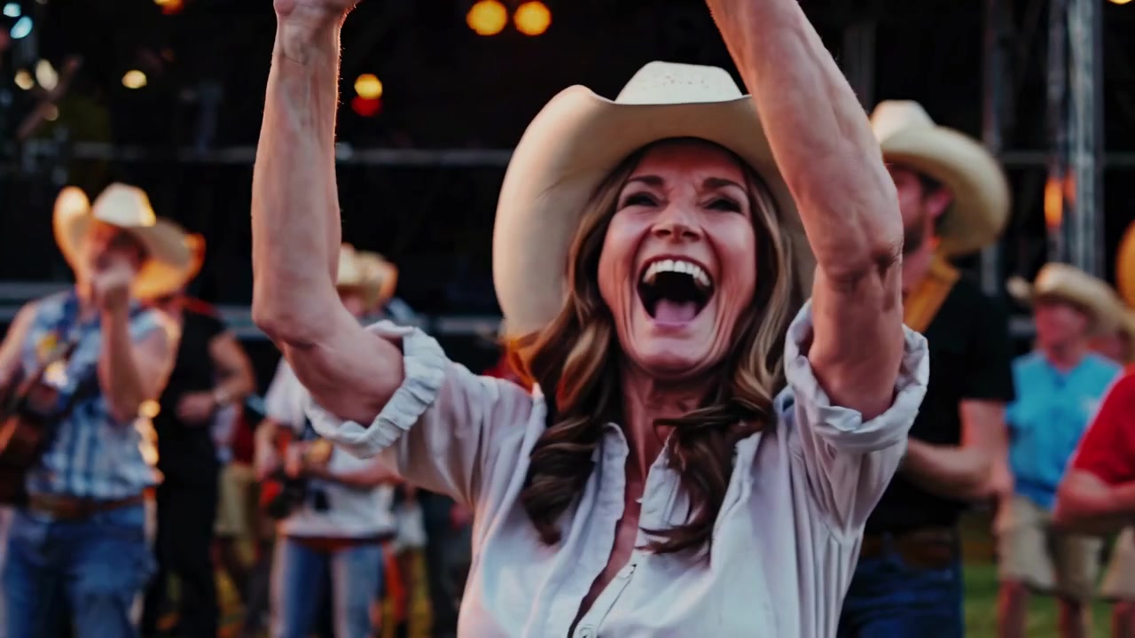 Donna felice con cappello da cowboy che balla a un concerto di musica country all'aperto