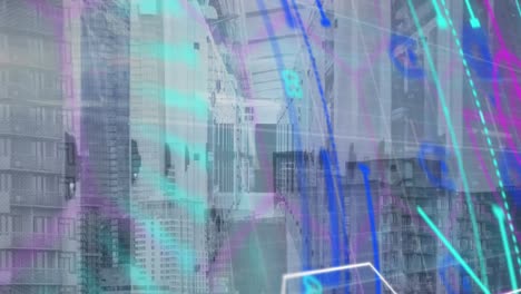 animation of data processing over cityscape and computer servers