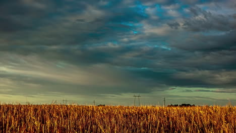 Timelapse-Sobre-Campos-De-Cultivo-De-Maíz-Con-Estratocúmulos-Y-Nubes-Cirroestratos-En-Desarrollo,-Letonia