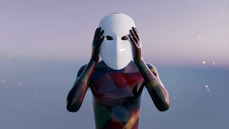 abstract figure putting on a white mask
