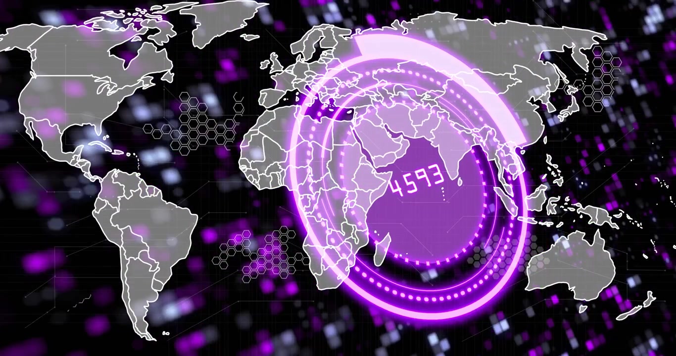 Arrivo di dati che attiva un anello HUD su una mappa del mondo con letture rotanti e pulsanti per la visualizzazione su dashboard.