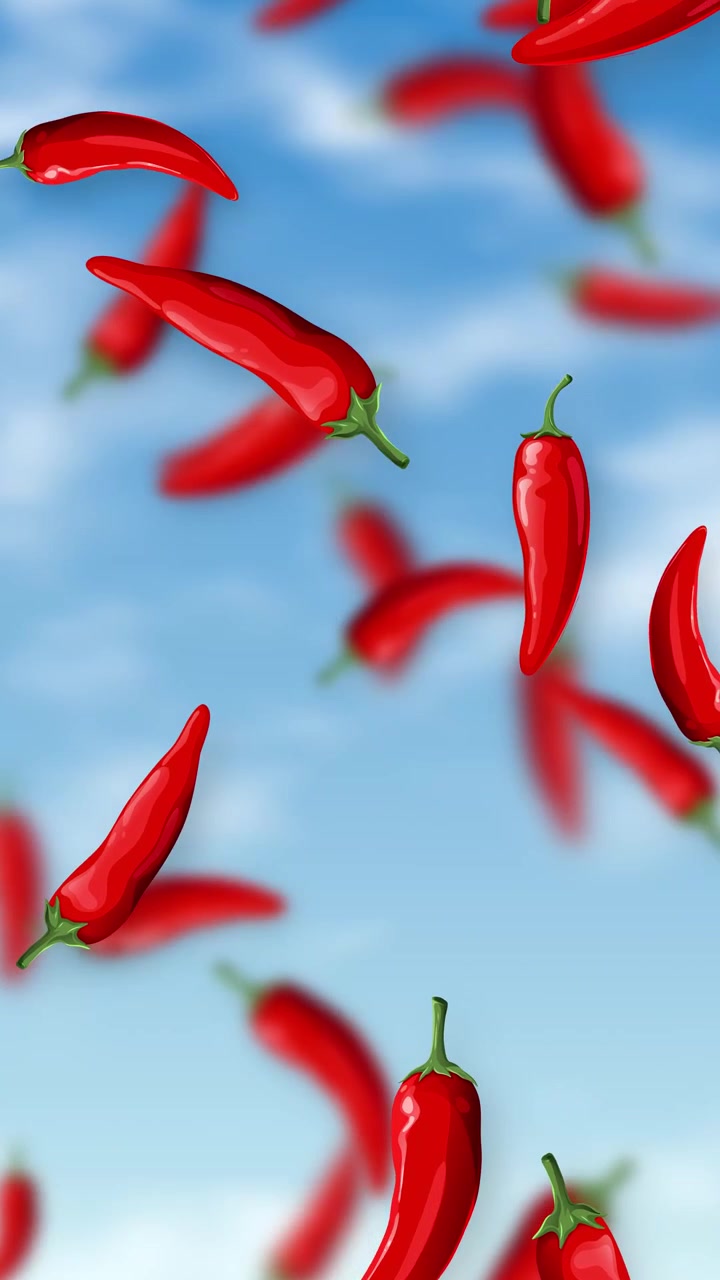 Red chili peppers fall vertically through a bright blue sky with soft white clouds.