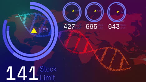 Animation-Der-Datenverarbeitung-Und-Diagramme-über-Weltkarte-Und-DNA-Strang