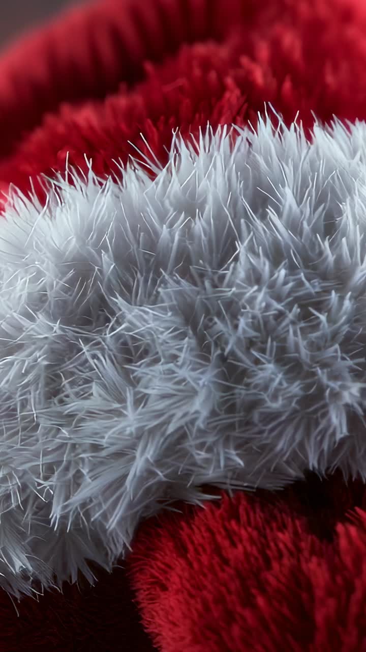Video verticale: carrellata orizzontale che mostra un tubo trapuntato bianco su una coperta di peluche rossa, rivelandone la texture