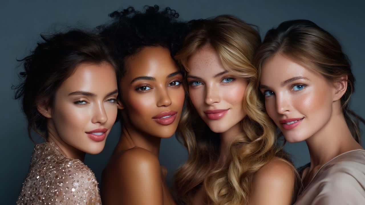 A Glamorous Portrait of Four Diverse Women Showcasing Unique Beauty Styles and Luminous Skin in a Professionally Styled Photoshoot, Emphasizing Confidence and Radiance in Fashion Photography