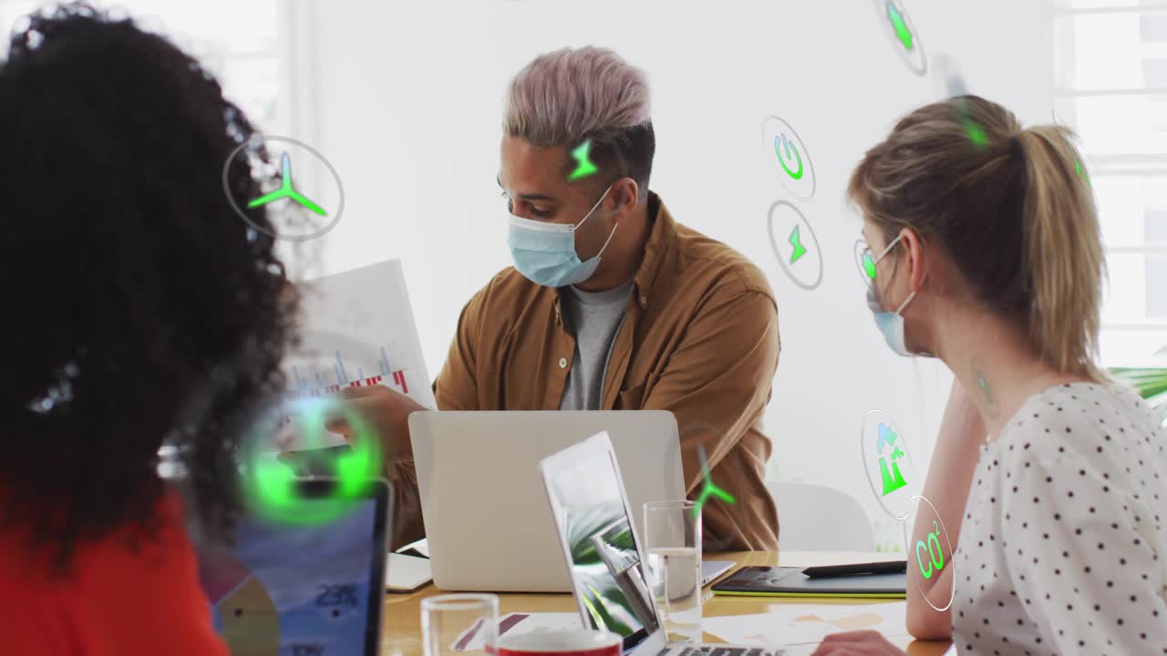 Presenter raising report and pointing red bars in meeting, green icons illustrating energy data