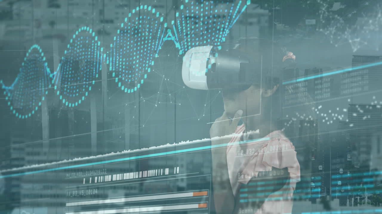 vr 헤드 ⁇ 을 가진 백인 소녀에 대한 데이터 처리 애니메이션