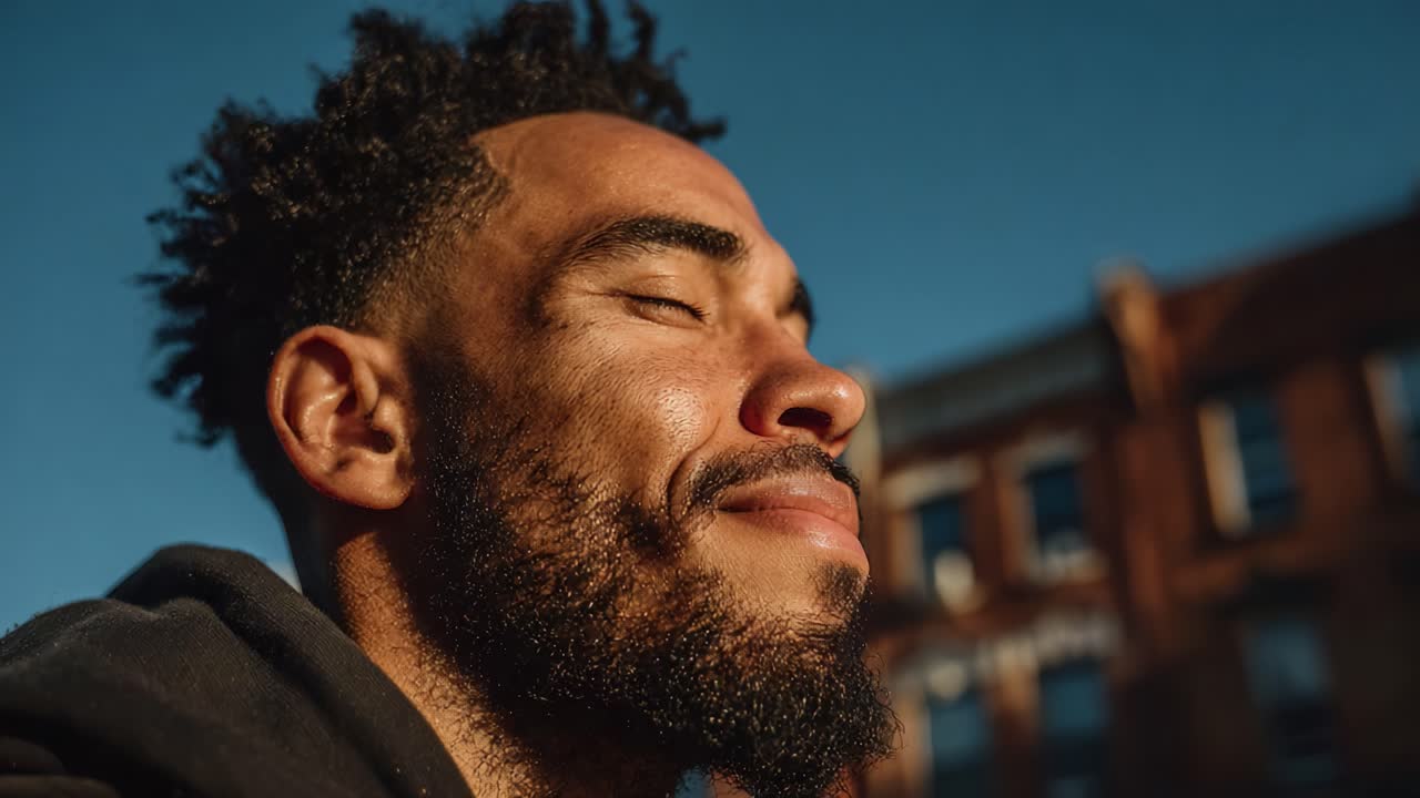 Um homem aproveita o calor do sol, sorrindo com os olhos fechados, encarnando tranquilidade e alegria contra um céu azul e um cenário urbano