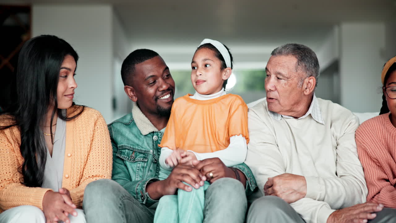 Big family, child and talking on sofa for happy