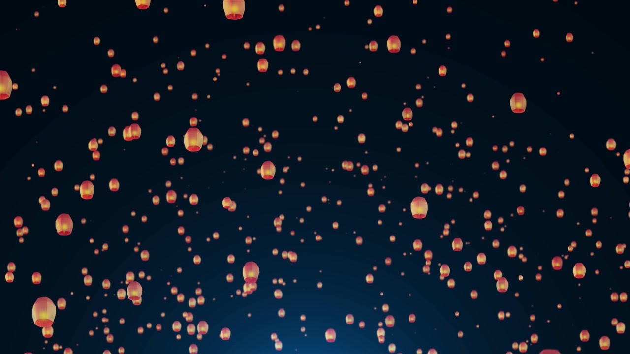 Svævende lanterner i Yee Peng festival flyvende himmel brændende flamme lanterner animationsbaggrund Diwali