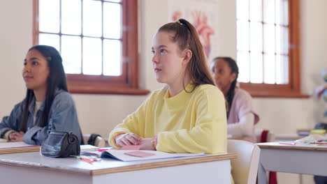 Hands-raised,-students-and-question-in-classroom