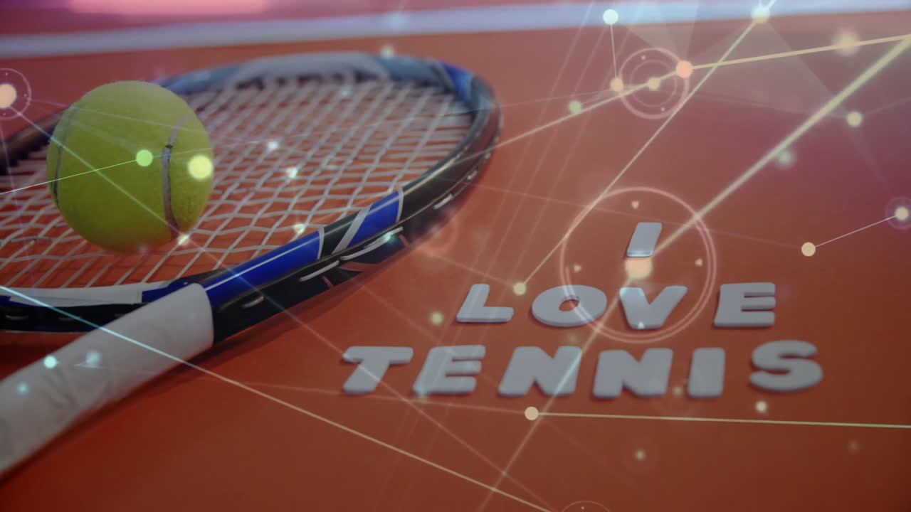 Tennis gear being shown on orange court, featuring network lines overlay and I LOVE TENNIS tiles
