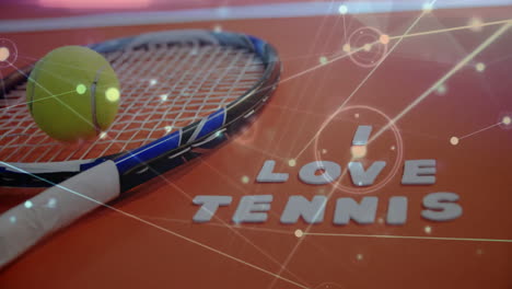 tennis gear being shown on orange court, featuring network lines overlay and i love tennis tiles