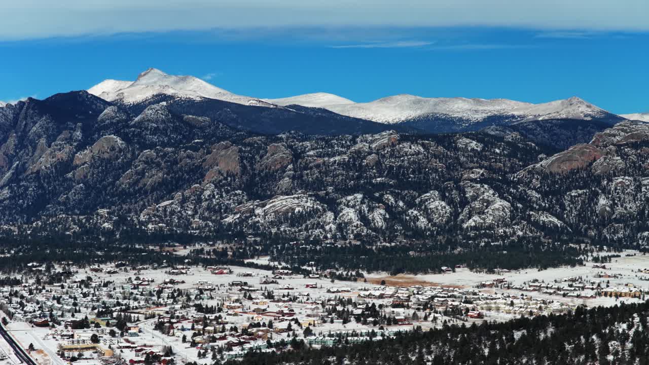 Città di Estes Park, Lumpy Ridge, Twin Sisters, neve invernale, mattina, cielo azzurro e soleggiato, drone aereo, Front Range del Colorado, Parco Nazionale delle Montagne Rocciose RMNP, Spartiacque Continentale, Contea di Larimer, movimento di panoramica a sinistra.