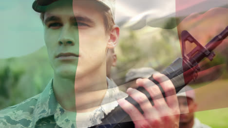 Animation-of-flag-of-italy-waving-over-diverse-soldiers