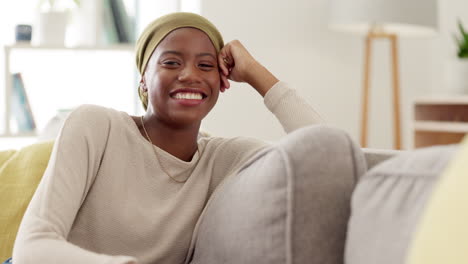 Black-woman-laugh,-face-and-living-room-sofa