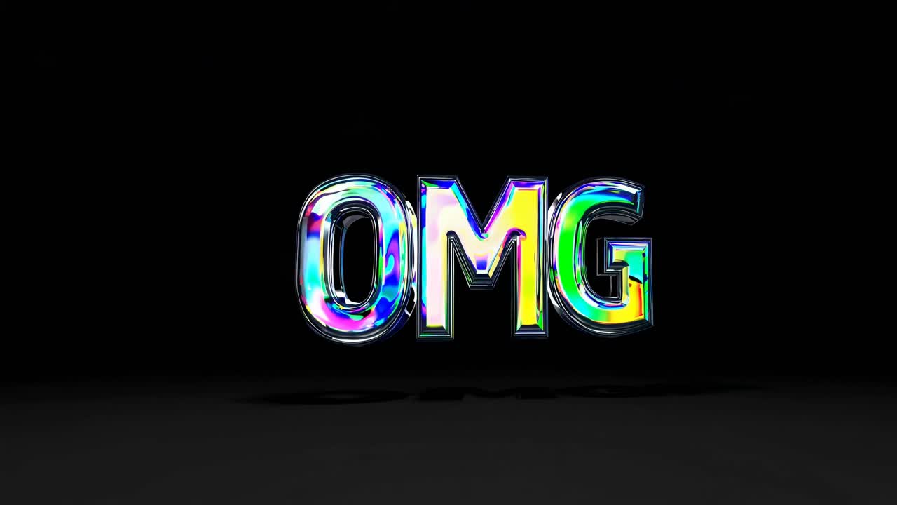 Vibrant 3D 'OMG' text with a colorful, glossy finish on a black background