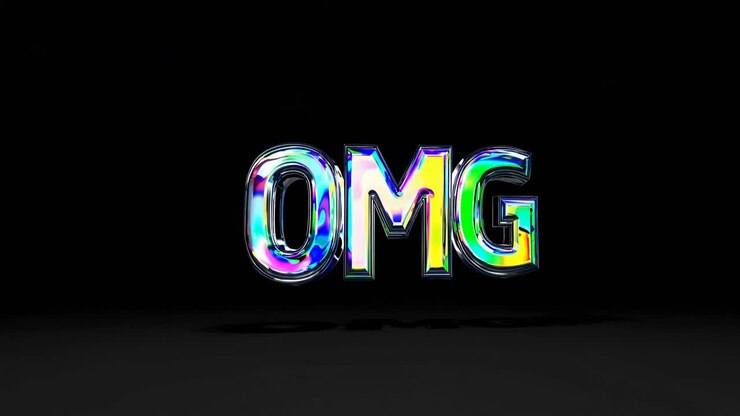Vibrant 3D 'OMG' text with a colorful, glossy finish on a black background