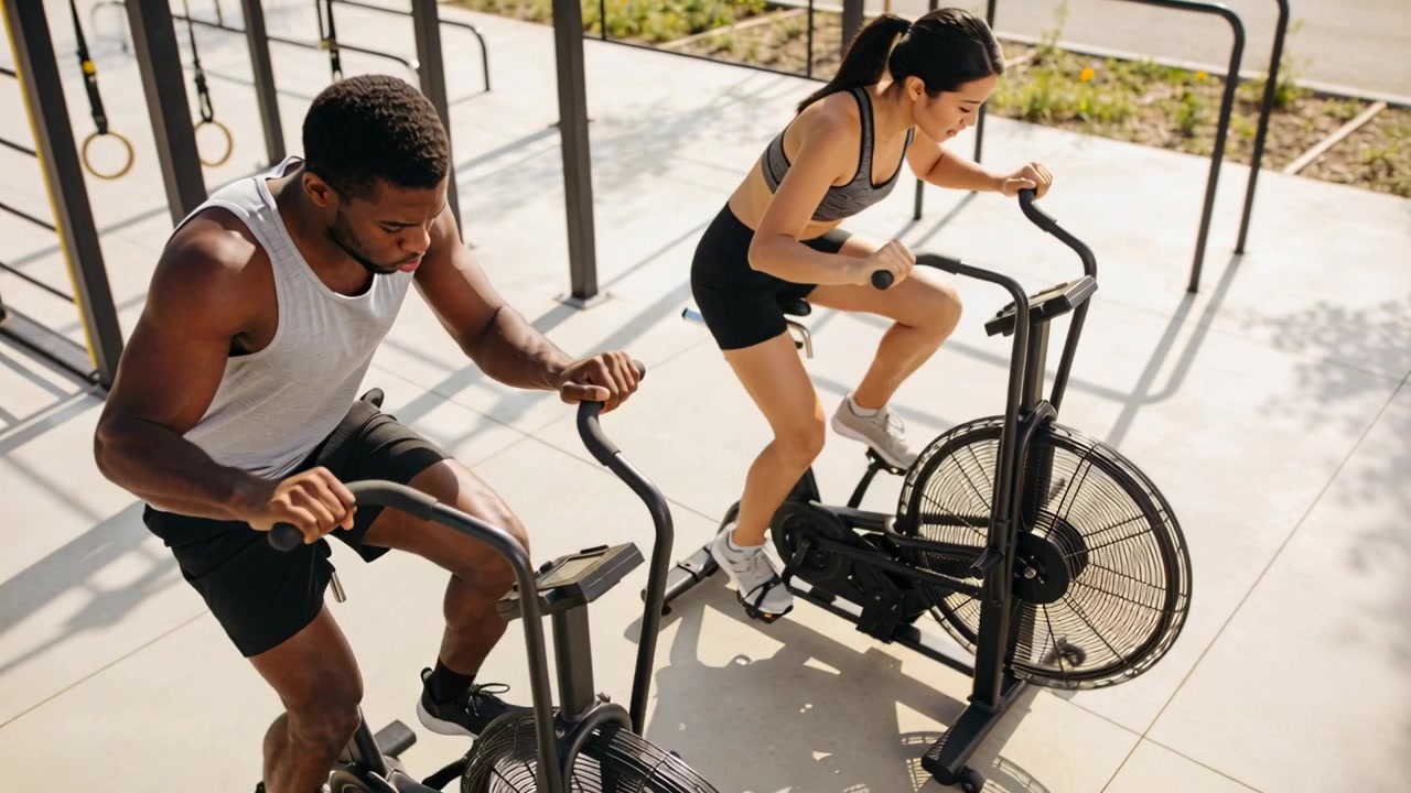 Una coppia arriva e inizia a pedalare al parco, indossando abbigliamento sportivo e un dispositivo da polso, allenandosi su air bike.