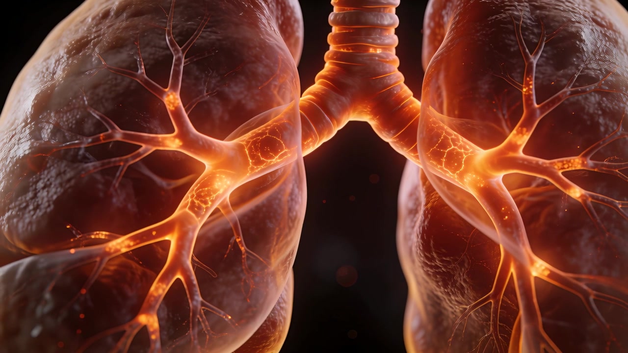 Polmoni medici 3D pulsanti che mostrano il polso che si muove dalla trachea nei bronchi principali e negli alveoli, in studio.