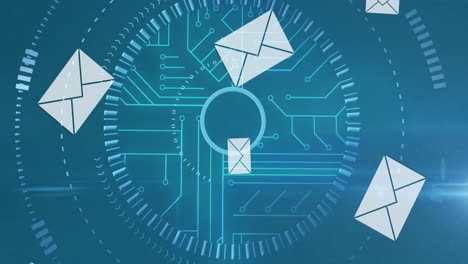 animation of circuit board scope scanning with floating digital envelopes