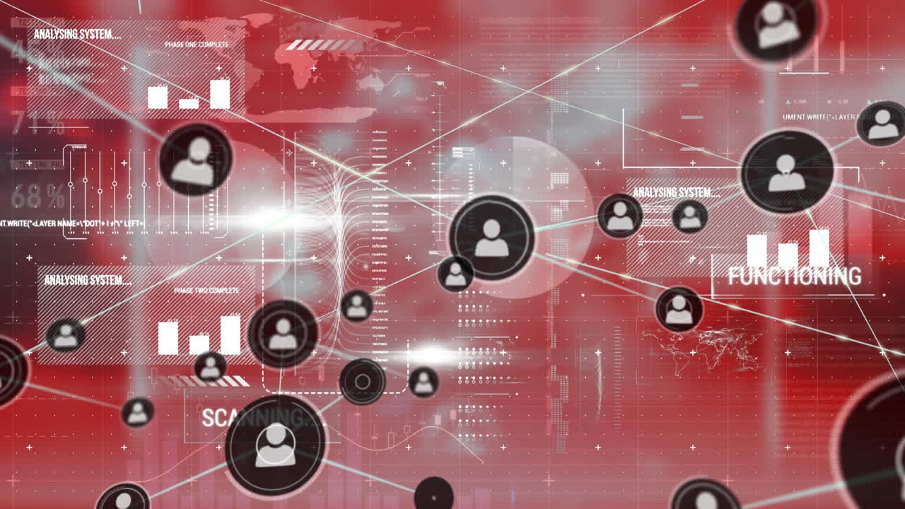 Animation of network of profile icons over interface with data processing against red background