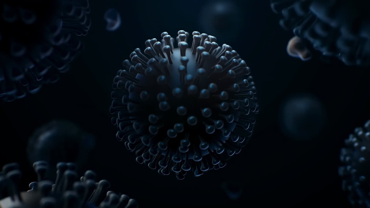 Dark Microscopic Virus Particles Floating Slowly, Spherical Spikes With Cold Blue Lighting, Deep Depth