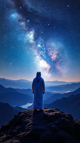 man contemplating the milky way on a mountaintop