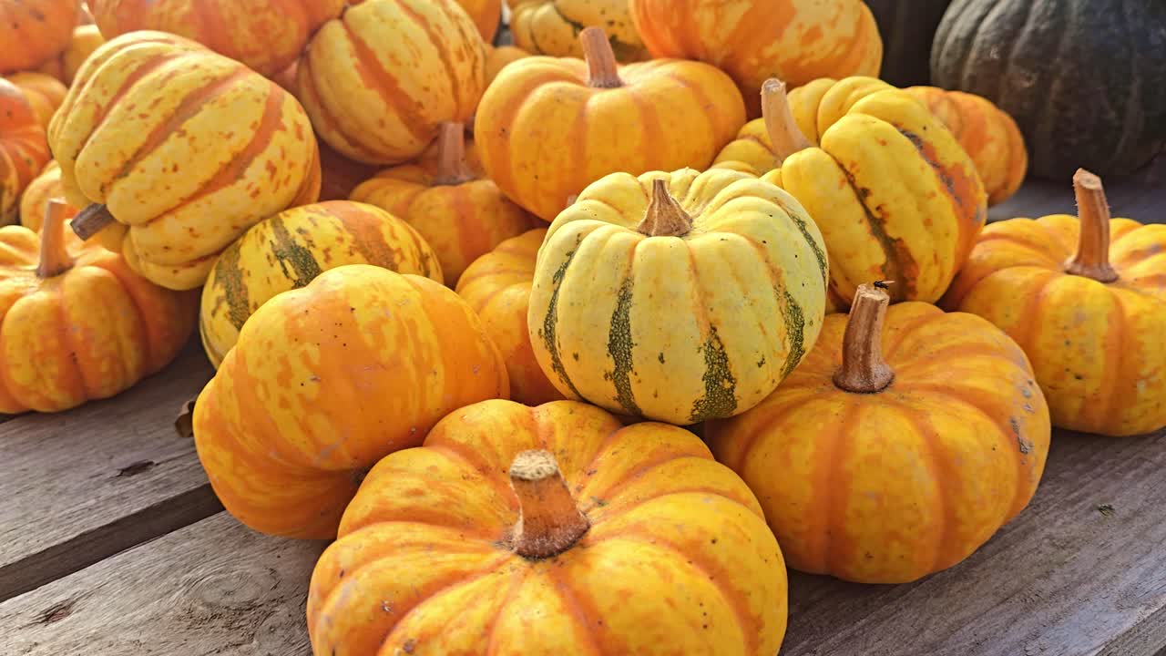 A close-up shot slowly moves toward a pile of small orange and yellow pumpkins arranged on a wooden table in natural light