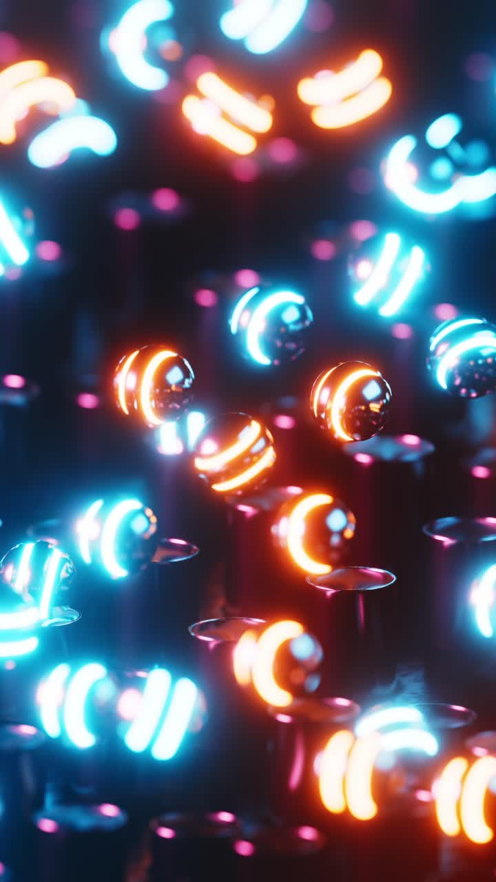 Palline al neon che rimbalzano fuori dai tubi. Animazione in loop verticale