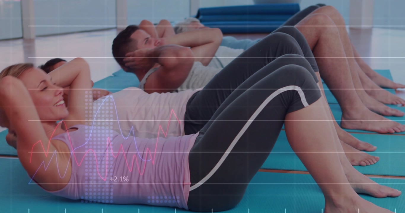 Fitness team starting on cue, doing crunches on blue mats, overlay charts intensifying for tracking