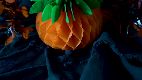 Halloween-3D-pumpkins-paper-art-and-hanging-decoration,-sales-promotion-layout,-design-background-scene