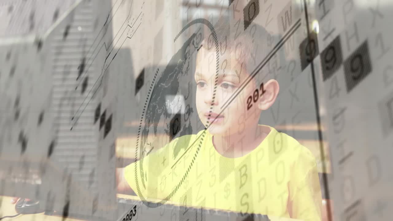 Ragazzo in blu che digita sulla tastiera, ragazzo in giallo che si ferma e osserva gli indicatori dell'anno del globo a scuola