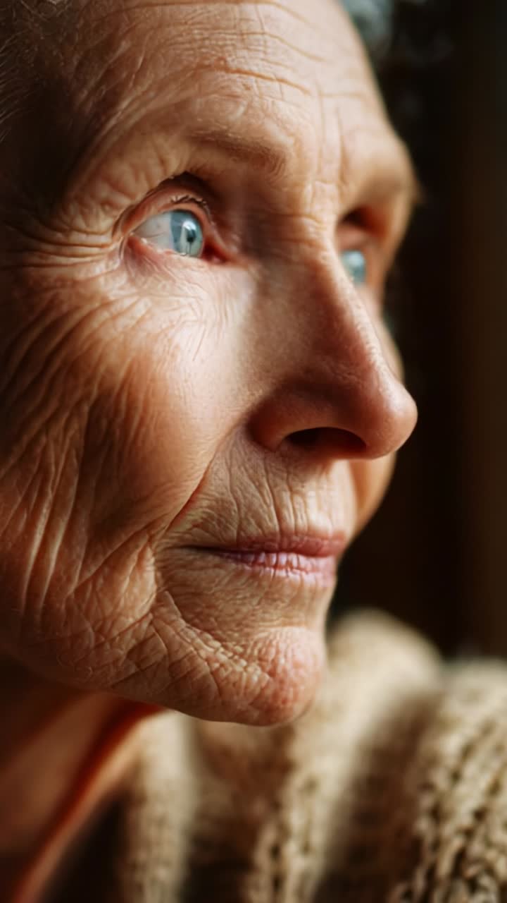 A Close-Up Portrait Capturing the Eloquent Expressions and Unique Character of an Elderly Woman with Deeply Engrained Wrinkles and Piercing Blue Eyes