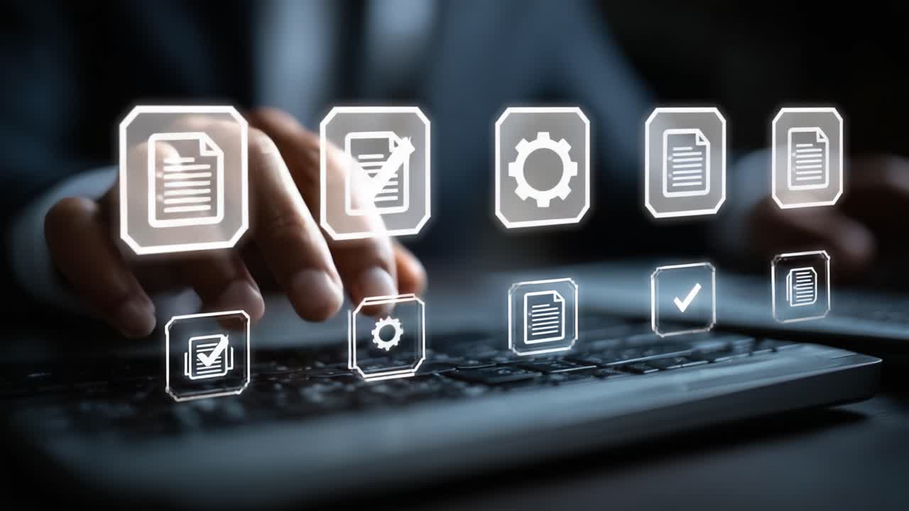 A Professional Using a Keyboard with Interactive Digital Icons Representing Workflow and Task Management in an Office Environment