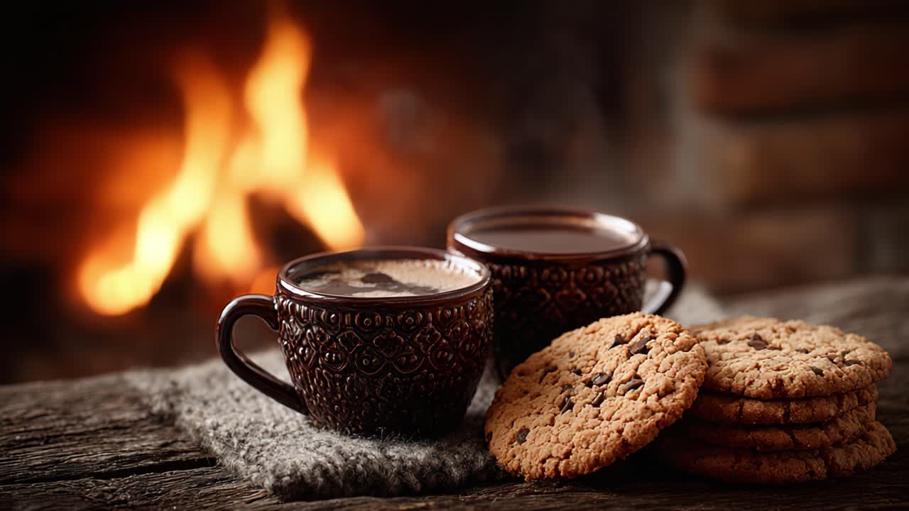 Hyggelig vinteraften: Rig varm chokolade og nybagte småkager ved en knitrende pejs, perfekt til afslapning og hygge i en indbydende atmosfære.