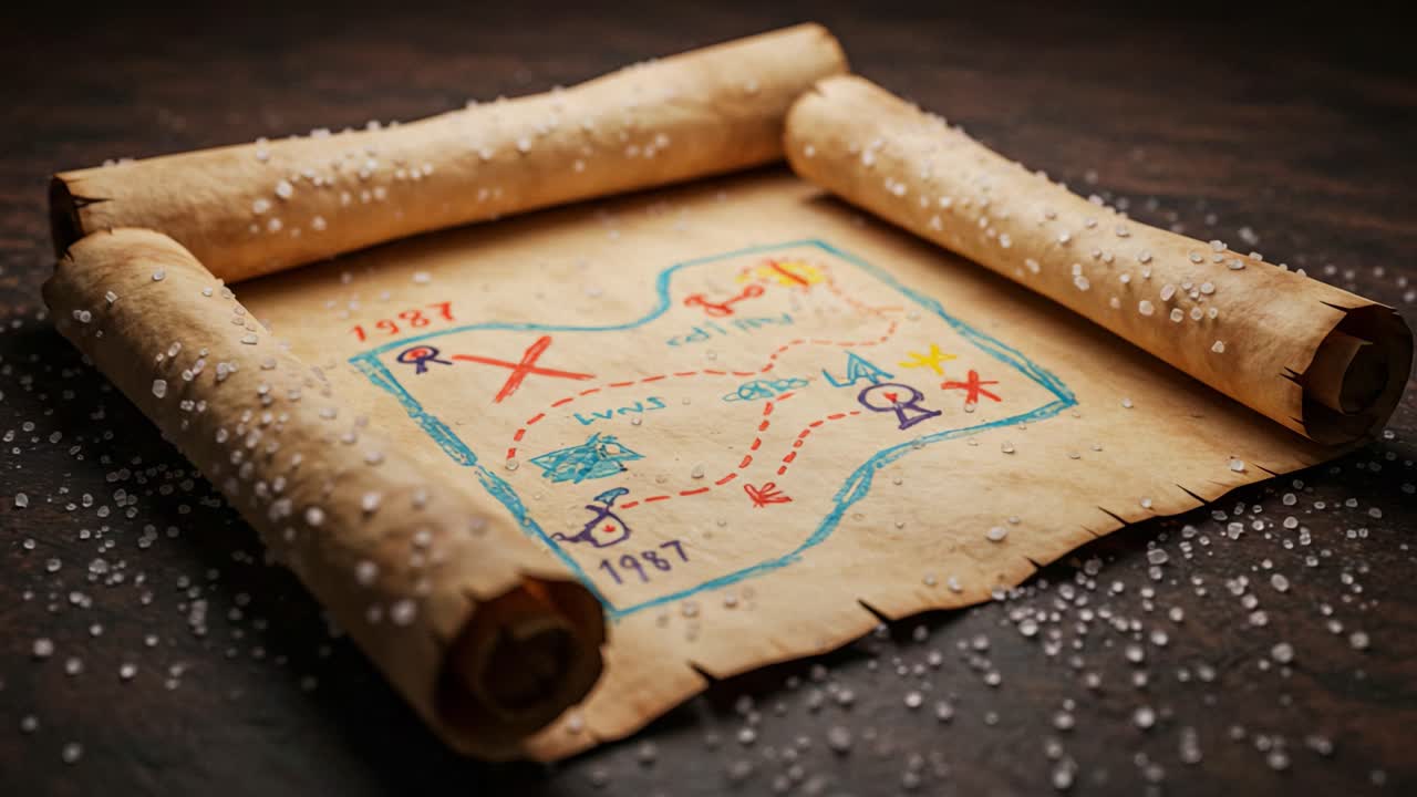 An Ancient Treasure Map Unfurled: Discovering Hidden Paths and Marked Locations Through Time with Artistic Illustrations and a Vintage Aesthetic