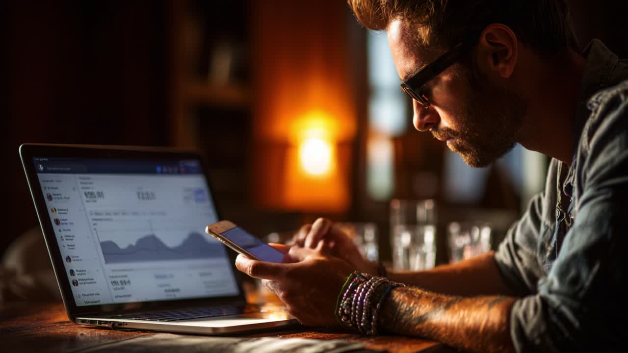 Focused Individual Analyzing Data on a Smartphone While Seated at a Laptop in a Dimly Lit Environment, Showcasing Modern Technology and Concentration