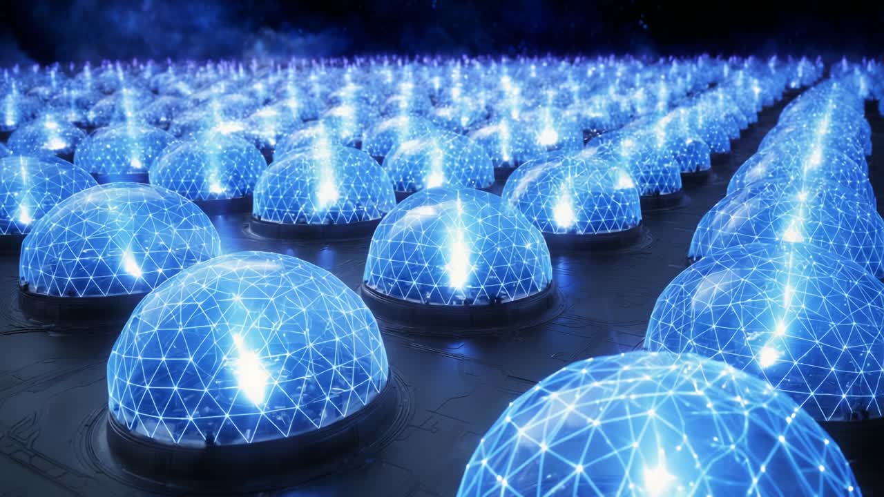 Illuminated Spheres of Connectivity: A Mesmerizing Display of Futuristic Technology Showcases a Network of Glowing Domes, Each Capturing the Essence of a Digitally Enhanced Universe and Innovative Design