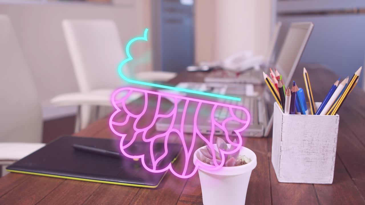 animación del icono de procesamiento de datos ai en la computadora portátil y la tableta en la oficina