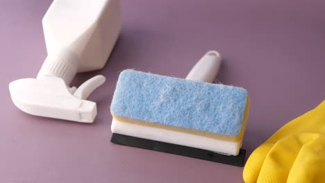 cleaning supplies: sponge, gloves, and spray bottle