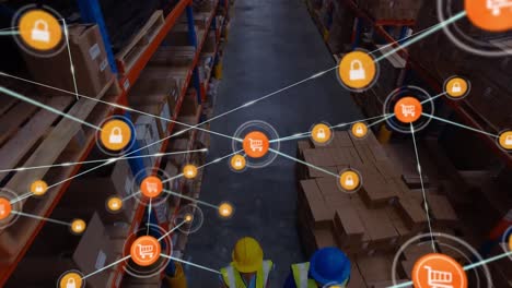 animation of network of connections data processing over warehouse