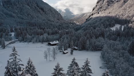 Una-Vista-Aérea-Del-Cirque-Du-Fer-à-Cheval-Mientras-Está-Cubierto-De-Nieve-Durante-Un-Frío-Invierno,-Volando-Bajo-Cerca-De-Las-Puntas-De-Los-árboles-Del-Bosque-E-Inclinándose-Hacia-Arriba-Para-Revelar-El-Valle-De-Sixt-Helado-En-La-Sombra