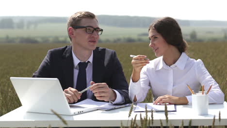 businesswoman and businessman sitting at a table in front of the laptop while talking and laughing in a wheat field