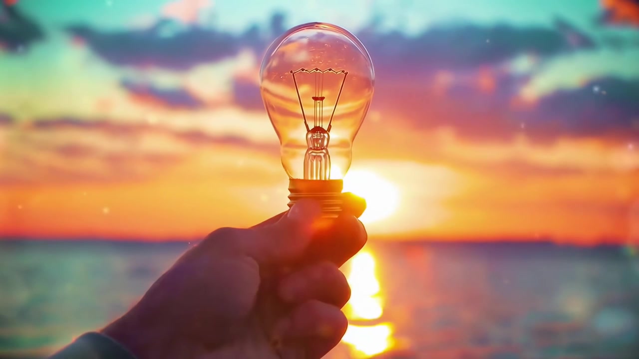 Mano che tiene una lampadina contro un tramonto sull'oceano