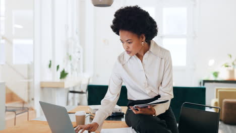 Business-woman,-laptop-and-finance-documents