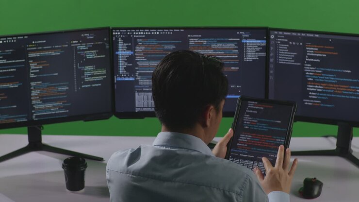 Back View Of Asian Man Developer Working With Tablet While Write Code With Multiple Computer Screens In Green Screen Studio