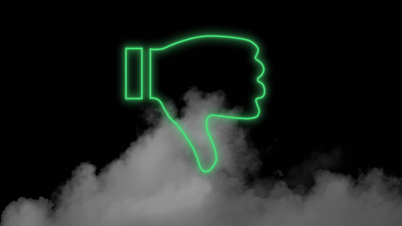 Animation of neon thumbs down icon flickering over smoke on black background